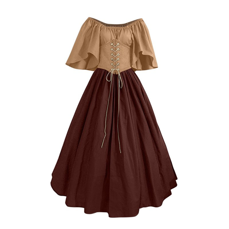 Plus Size Medieval Renaissance Costume for Women - Beige Ruffle Over Dress with Corset