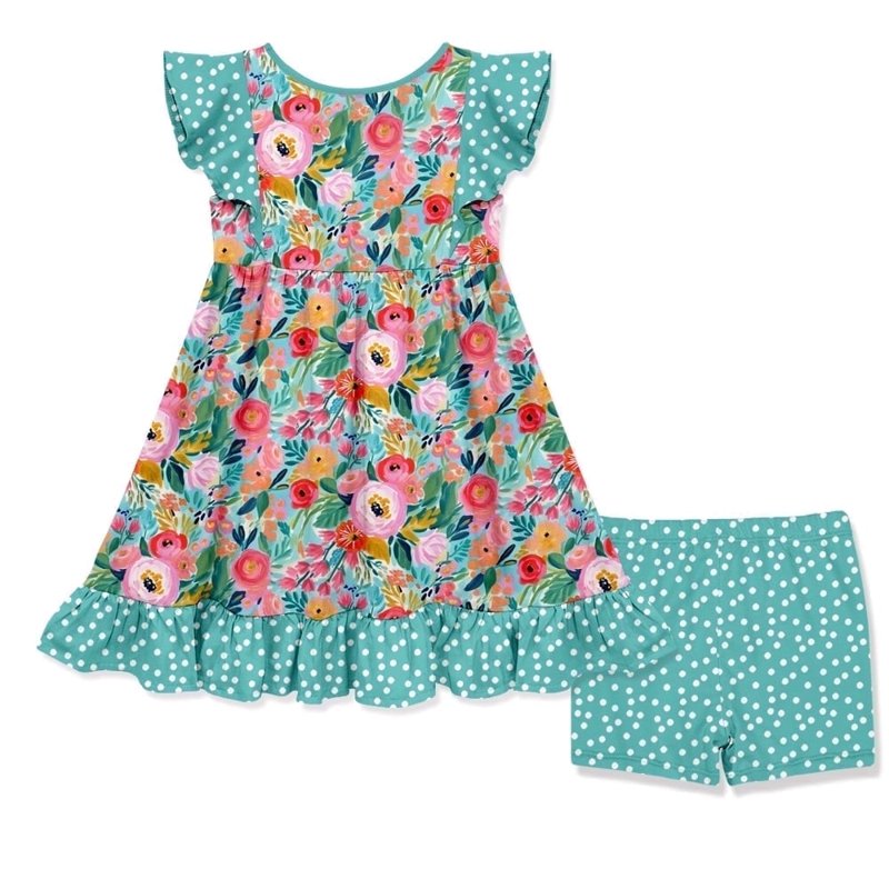 Girls Turquoise Angel Sleeve Dress & Shorts Set - Light Turquoise 10 - New Beginnings