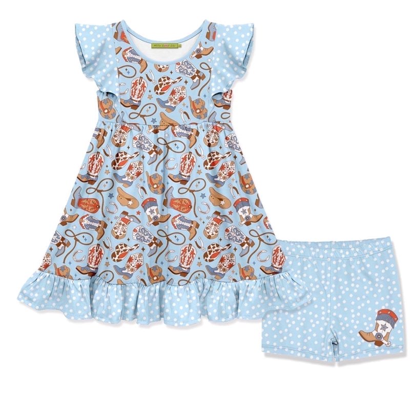 Girls Blue Howdy Boots & Dot Short Set - Size 12 Lt Blue 2-Piece Dress & Shorts