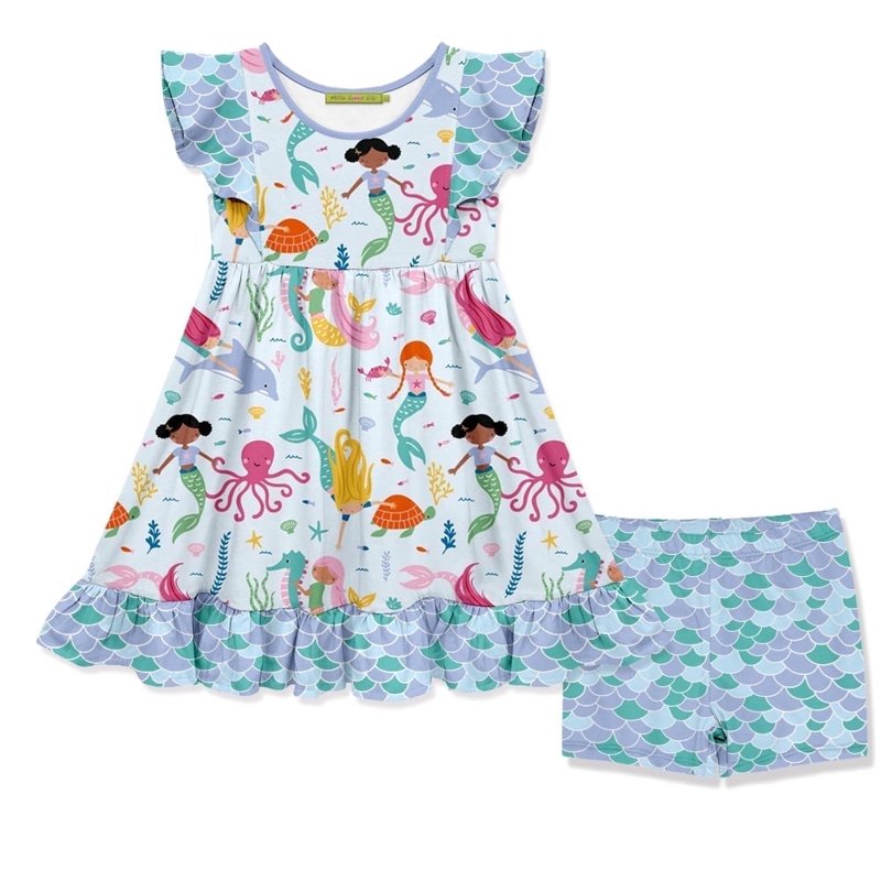 Blue Mermaid Print Girls Dress and Shorts Set - 3T-12, Variation of 10