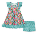 Light Turquoise Girls Floral Angel Sleeve Dress & Matching Shorts Set - 3T