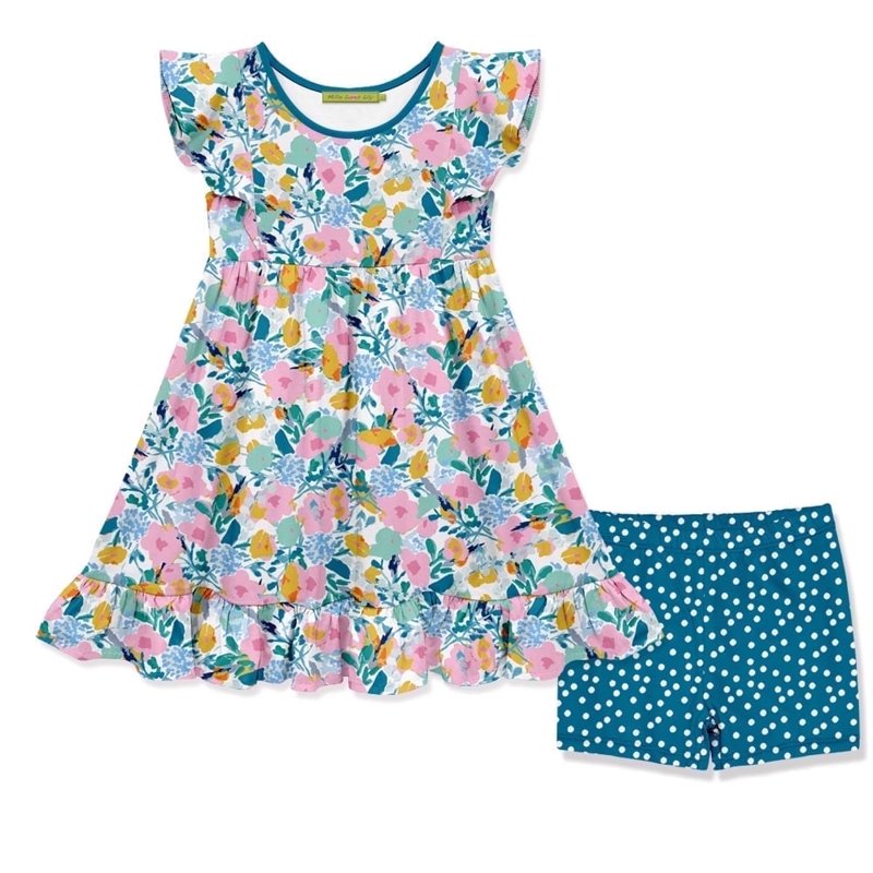 Girls Turquoise Filigree Floral Angel Sleeve Dress & Matching Shorts Set - Size 3T-12 Plus, 10/12+ Variation