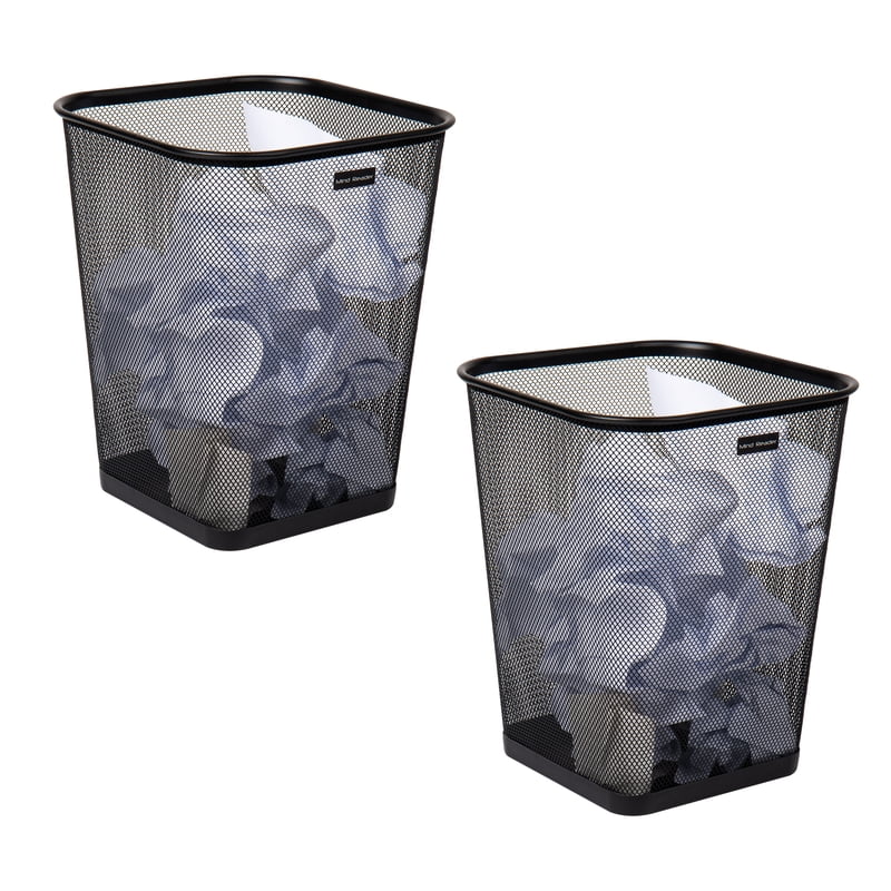 Mesh Trash Can Set of 2 - Square Metal Bins, Black