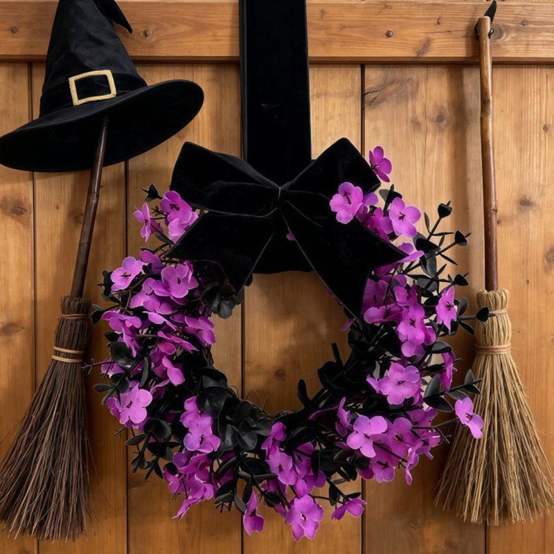 Purple Mini Halloween Wreath - 8.6 Inch Gothic Black Grapevine with Velvet Bow