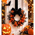 Mini Halloween Wreath - Orange Gothic Decor, 8.6 Inch Artificial Grapevine with Velvet Bow