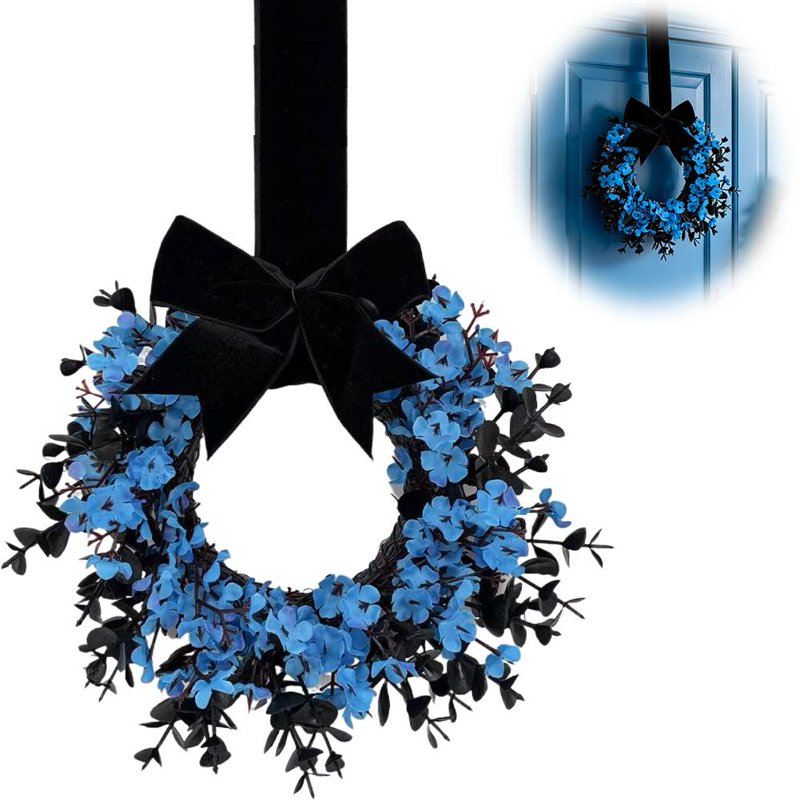 Blue Mini Halloween Wreath - 8.6 Inch Artificial Grapevine Decor with Velvet Bow