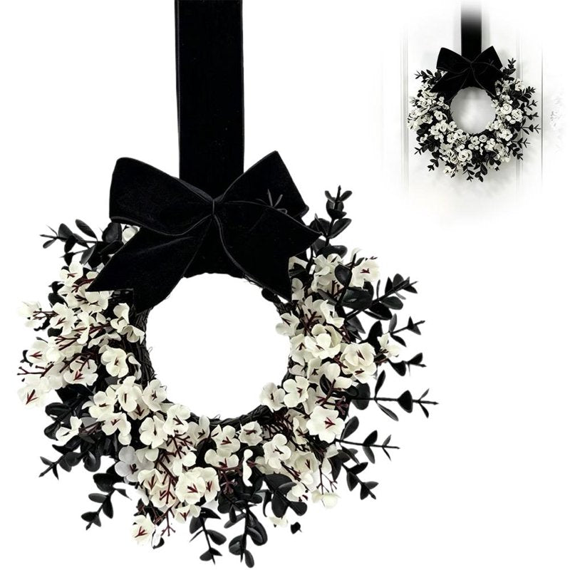 Mini Halloween Wreath 8.6 Inch Black Grapevine with Velvet Bow - White Variation