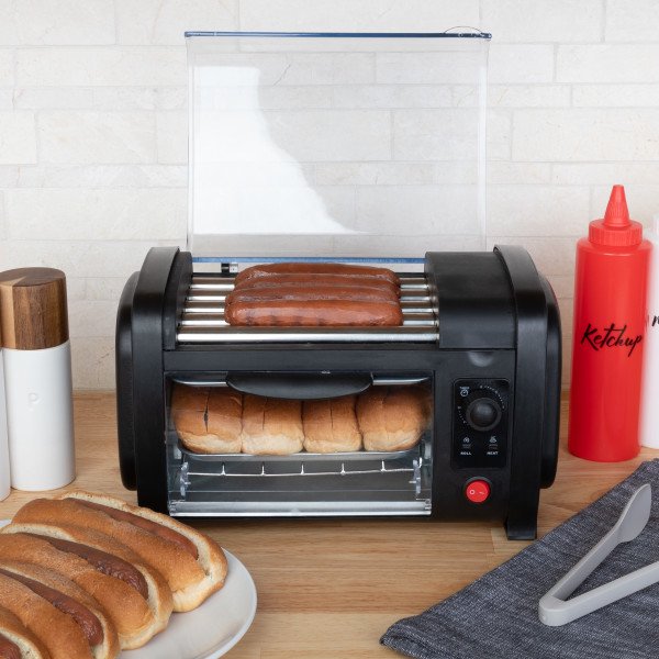 5-Roller Hot Dog Grill and Bun Toaster with Auto-Shutoff Timer