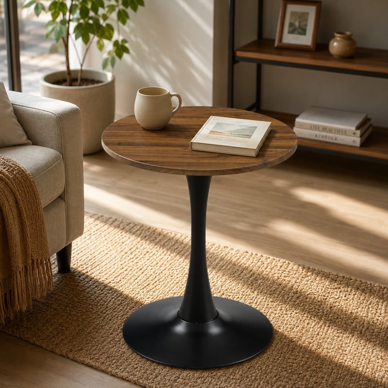 23.6” Round Dining Table - Small Pedestal Tulip Style - Dark Walnut