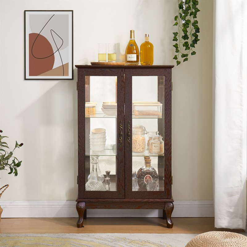 Curio Display Cabinet with Light & Tempered Glass Doors - Dark Walnut