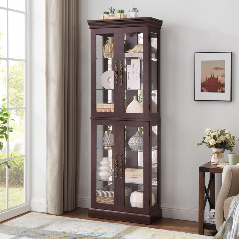 Wood Curio Display Cabinet with Light - Dark Cherry Finish