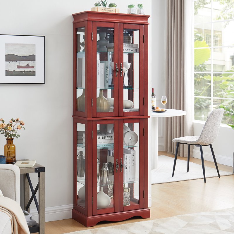 Lighted Curio Display Cabinet - Cherry Wood with Glass Doors