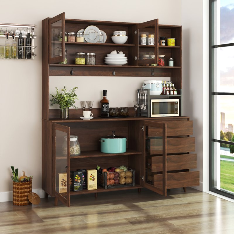 Large Kitchen Hutch Cabinet with 4 Doors & 4 Drawers - Walnut