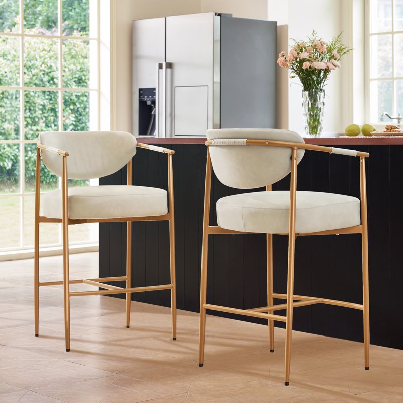 Modern Counter Bar Stool Set of 2 - Beige with Gold Frame
