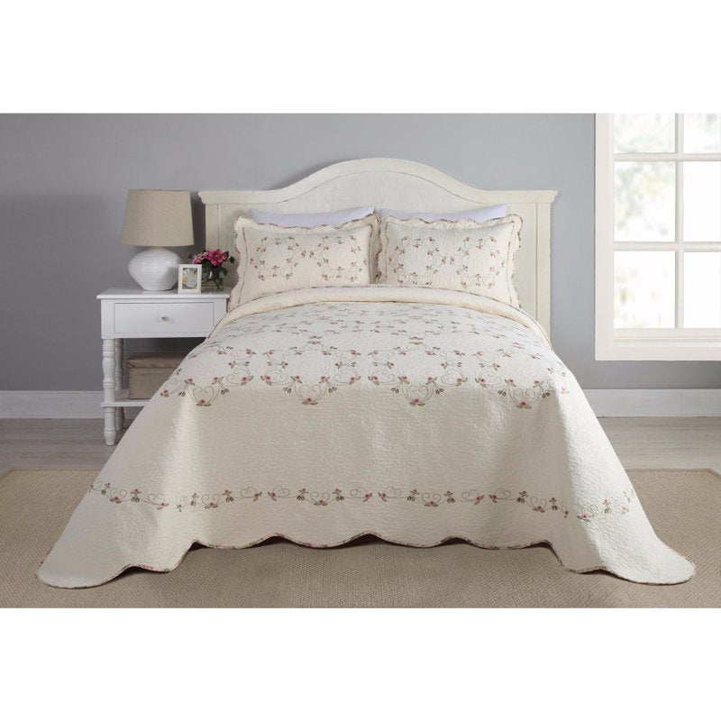 Queen Embroidered Bedspread with Pink Roses & Scalloped Hem - Floral Quilt