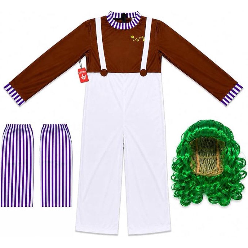 Morph Chocolate Factory Worker Costume for Men 2XL - Jumpsuit, Dungarees & Green Wig