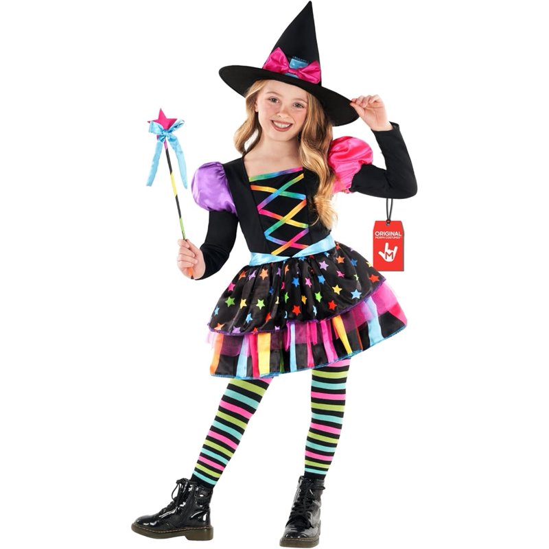 Rainbow Witch Costume for Girls Kids Halloween Fancy Dress with Hat & Wand - Multiple Sizes