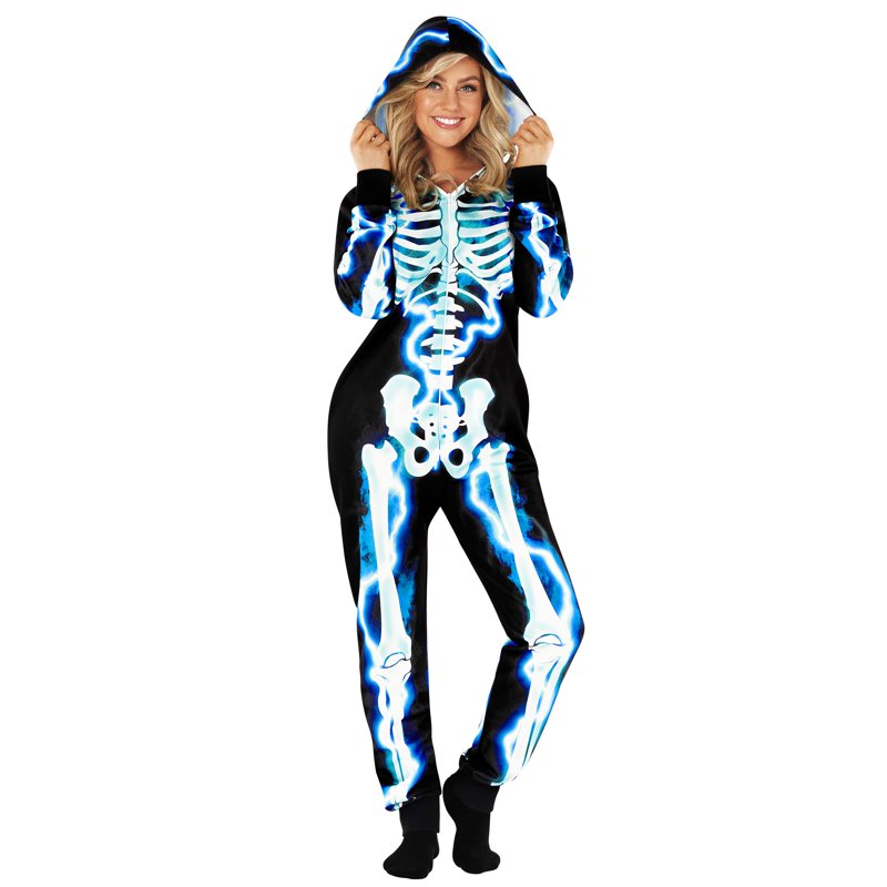 Electric Skeleton Halloween Costume Women - Size L - Striking Blue Print