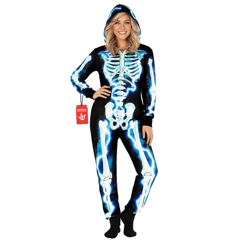 Electric Skeleton Costume Women XXL - Halloween Bodysuit with Blue Print