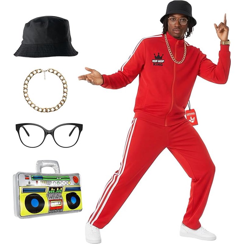 90s Hip Hop Rapper Costume with Tracksuit Hat Glasses Inflatable Boombox