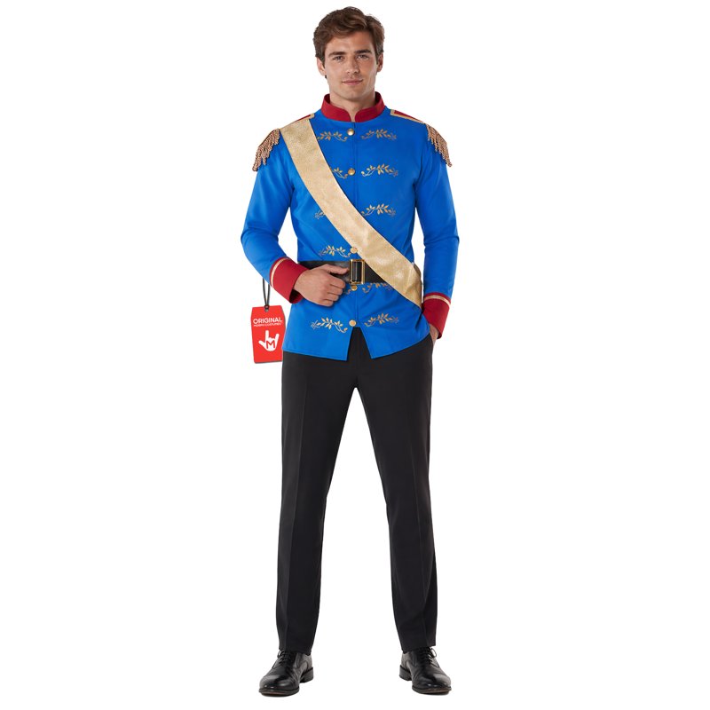 Men's Prince Charming Costume with Jacket, Sash & Belt - Royal Blue & Gold