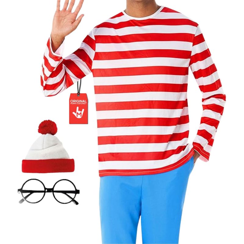 Morph Men's Wheres Wanderer Costume Set M - Red White Stripe Book Character Halloween