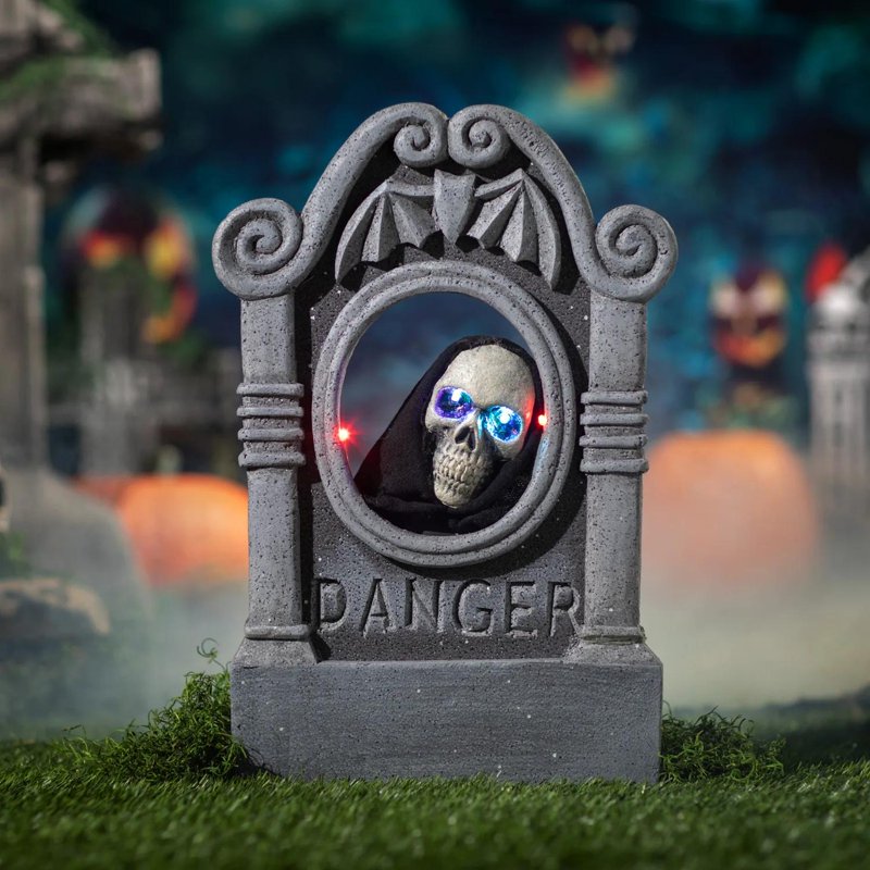 Light-Up Skeleton Head Tombstone Halloween Decoration - Gray, 1.8 ft