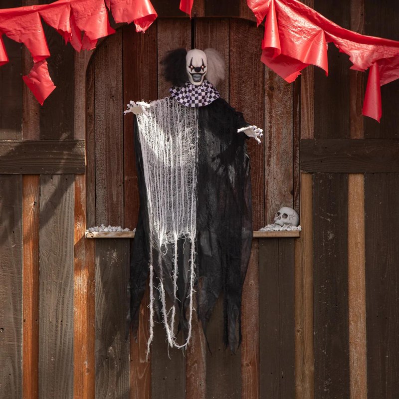 4 ft Hanging Animated Black & White Clown Decoration - Outdoor Halloween Decor