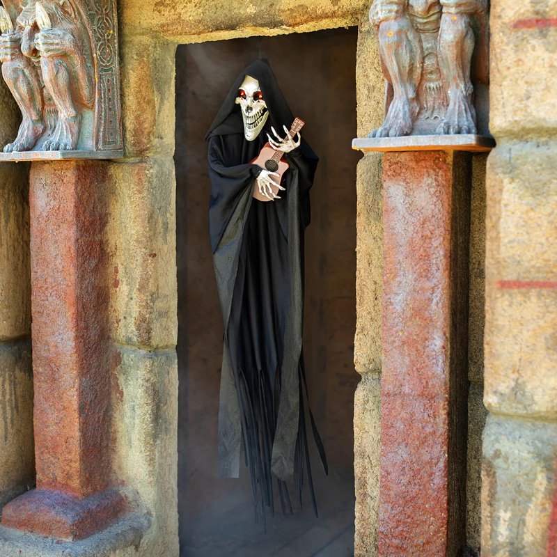 Hanging Singing Reaper Halloween Decor with Guitar Light-Up Eyes