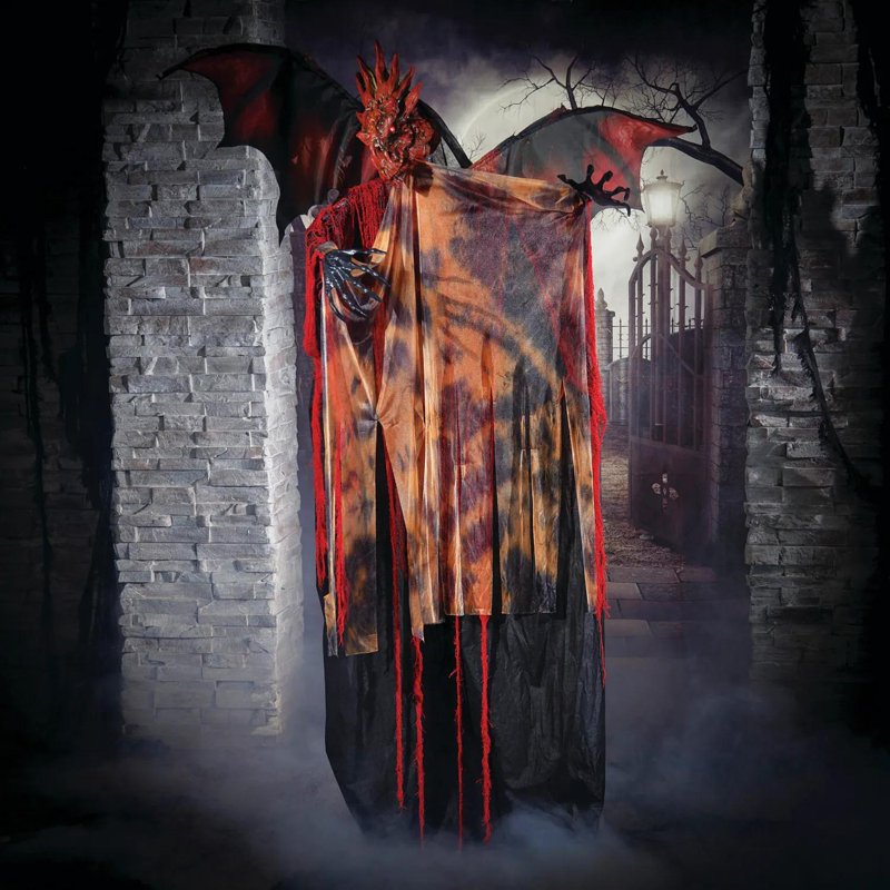 6 Ft. Standing Animated Halloween Dragon Decoration - Black & Red Spooky Man