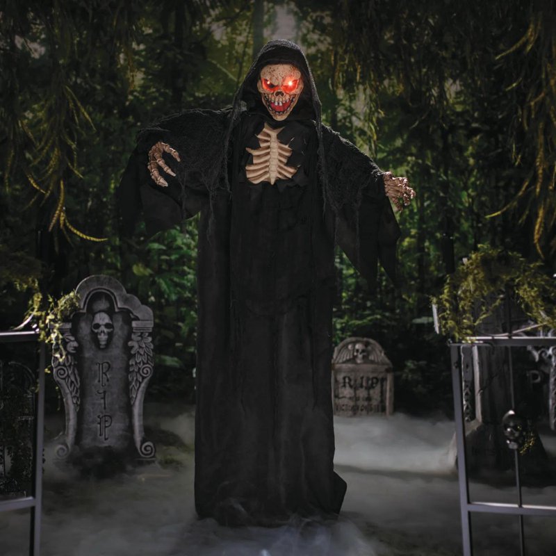 Animated Standing Skeleton Reaper Halloween Decoration - 5 Ft. Black Cloak