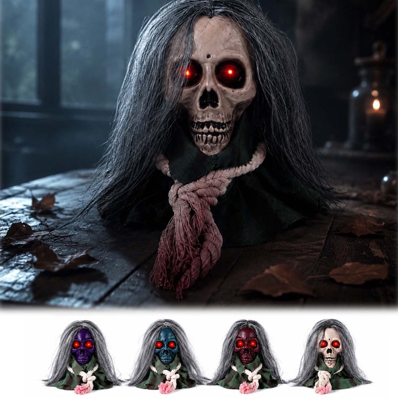 Halloween Moving Skull Head Prop with Long Hair & Glowing Red Eyes - White Variation