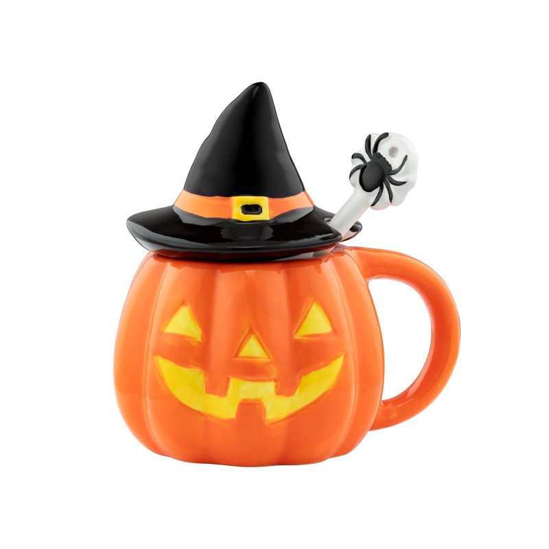 Lidded Jack-O-Lantern Ceramic Mug with Spoon - Halloween Decor, 18oz