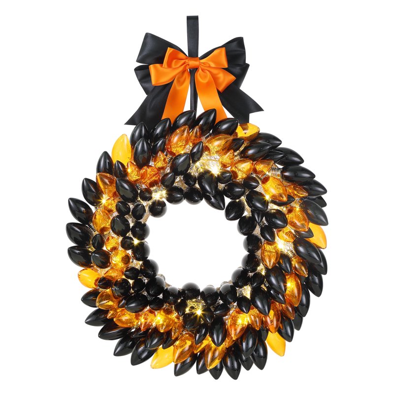 Halloween Decorative Wreath with Retro C9 Bulb Design - Black & Orange, Battery Operated