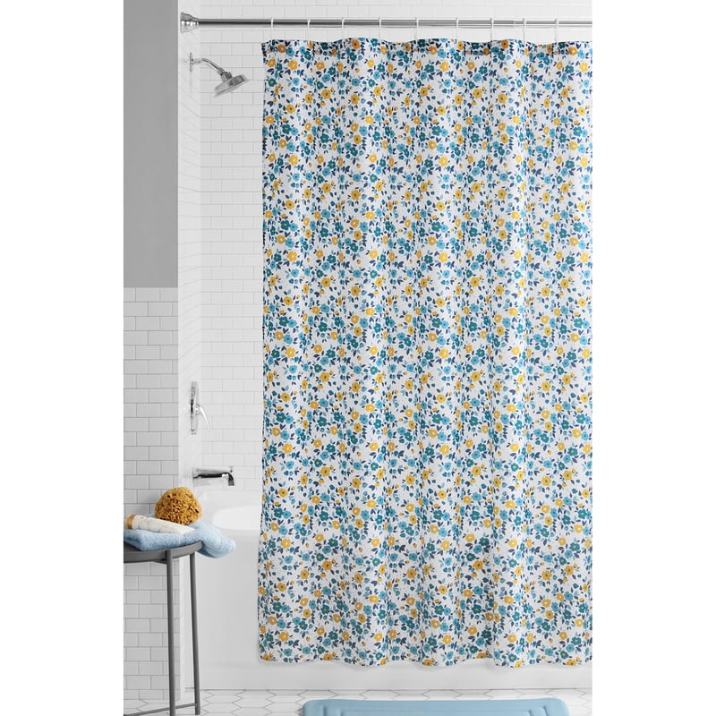 Fabric Shower Curtain & Medium Weight Liner - Multi Ditsy Floral, 72x72, Blue & Yellow, Variation of Curtain & Liner