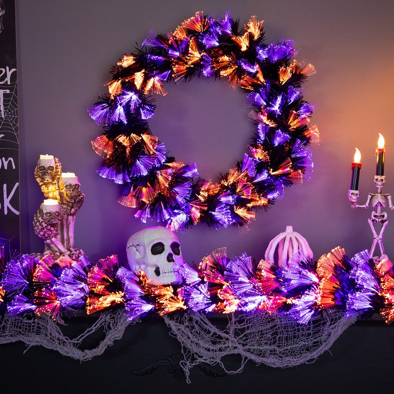 24-Inch Black Halloween Wreath with Orange and Purple LED Fiber Optic Lights