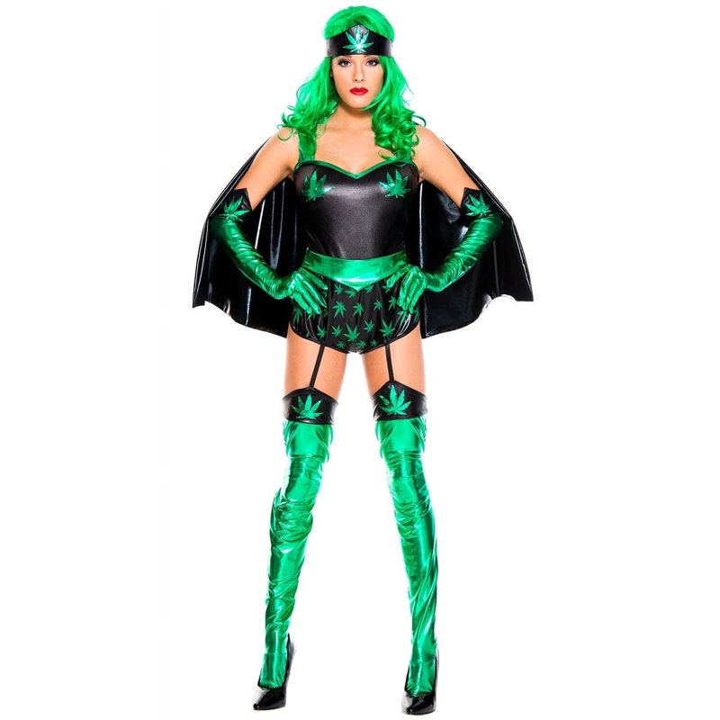 Women's Leafy Super Woman Costume M-L - Green Leaf Print & Cape