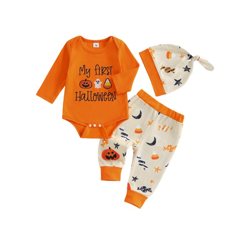 Baby Boy Halloween Outfit Set - Letter Pumpkin Embroidery Romper Pants Hat 12-18 Months Orange B