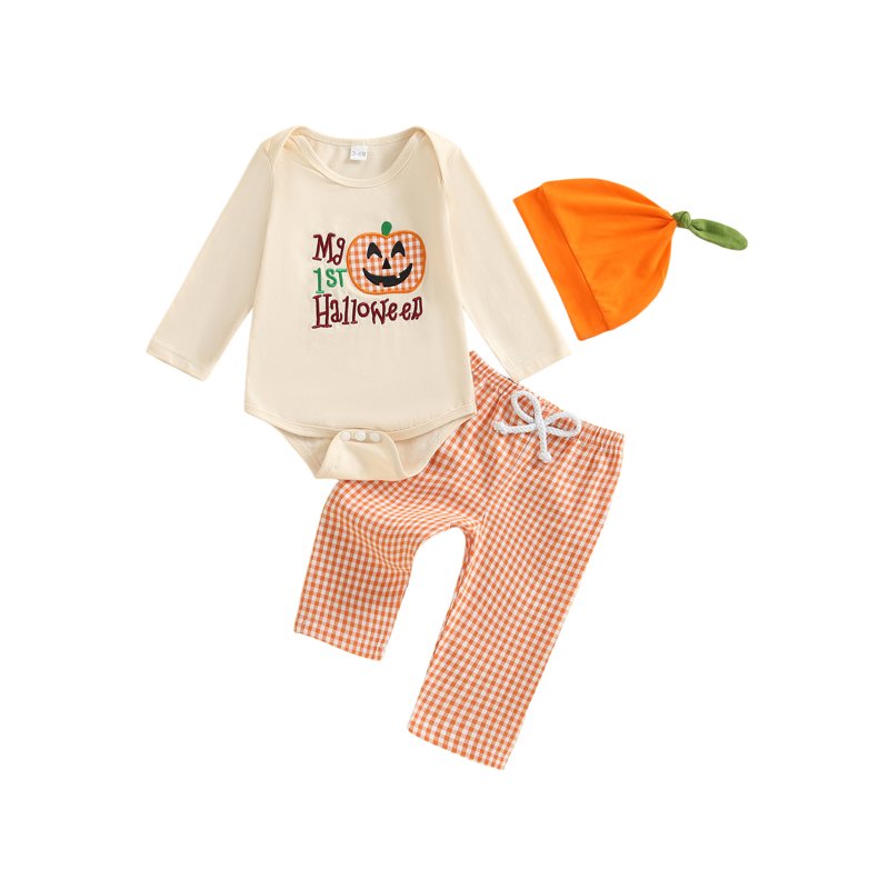 Baby Boy Halloween Outfit Apricot C Letter Pumpkin Embroidery Romper Set 6-12 Months