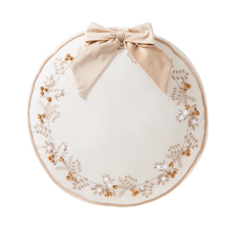 Christmas Wreath Decorative Pillow - Ivory Round 16x16 Inch Holiday Accent