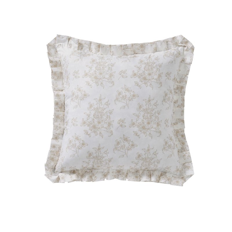 Decorative Pillow - Floral Toile with Pleated Trim - White & Beige - 18x18 Inches