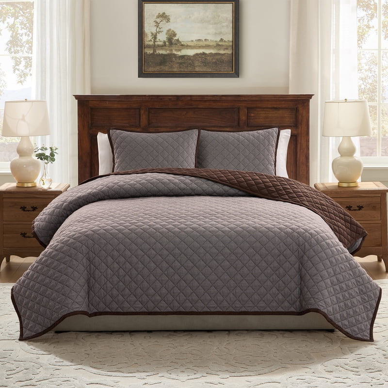 Twin-XL Cotton Houndstooth Quilt Set - Brown & Ivory 2-Piece Bedding