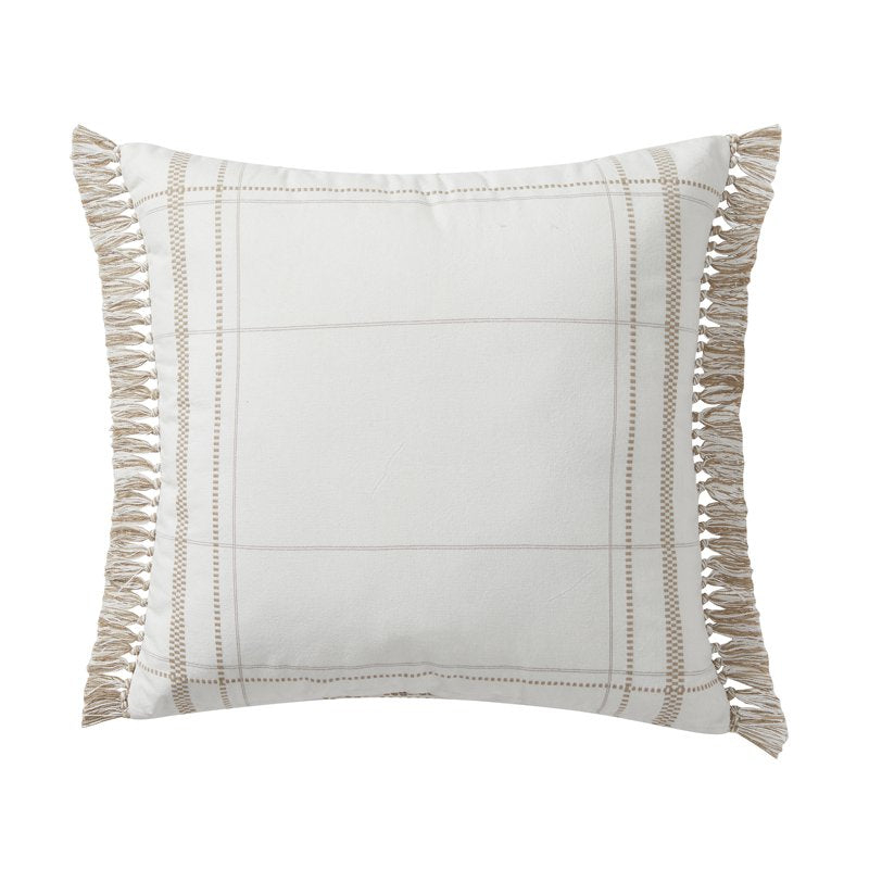 Taupe Reversible Cotton Throw Pillow with Fringe & Plaid Stripes - 20x20 Inches