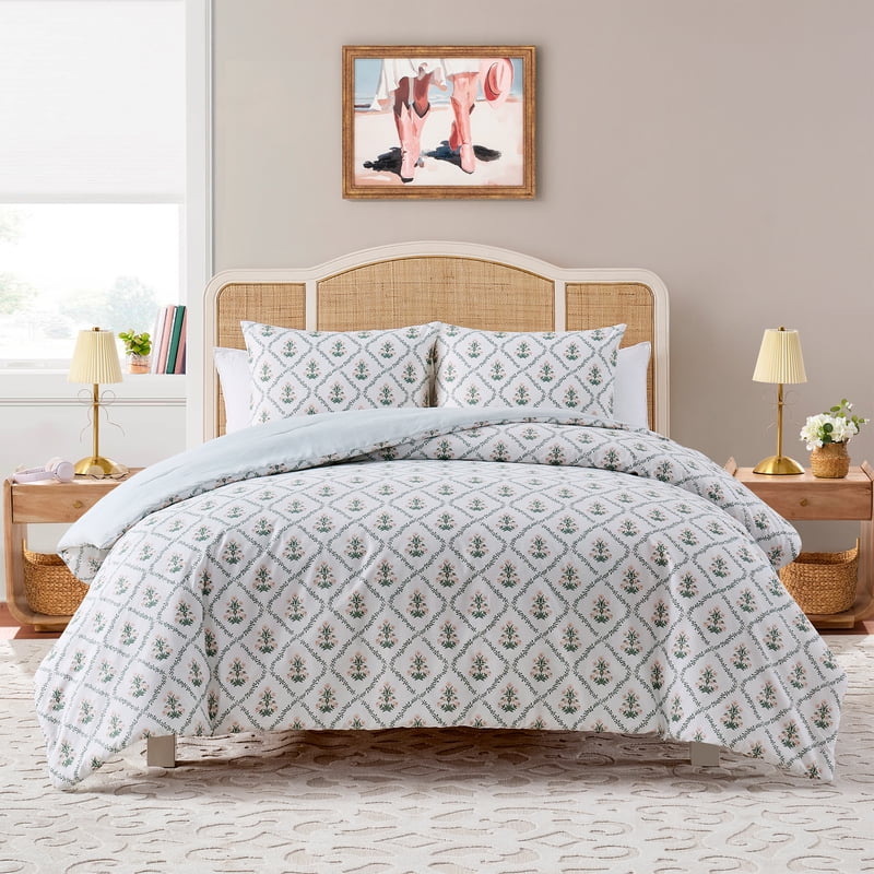 King My Texas House Poppy Trellis Comforter Set - Green and Pink Reversible Bedding