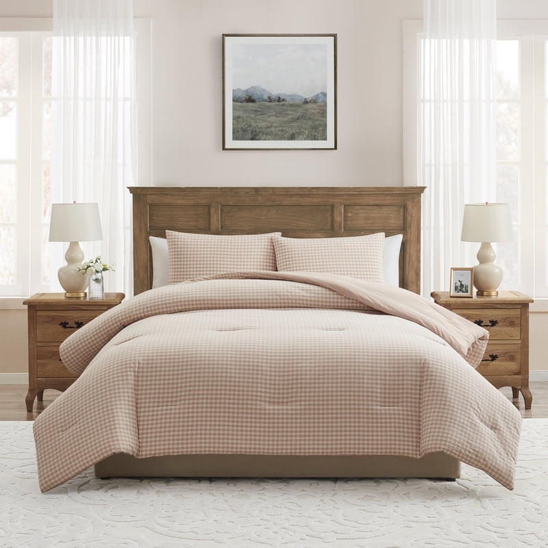 My Texas House Collins 3-Piece Taupe Gingham Cotton Comforter Set - King