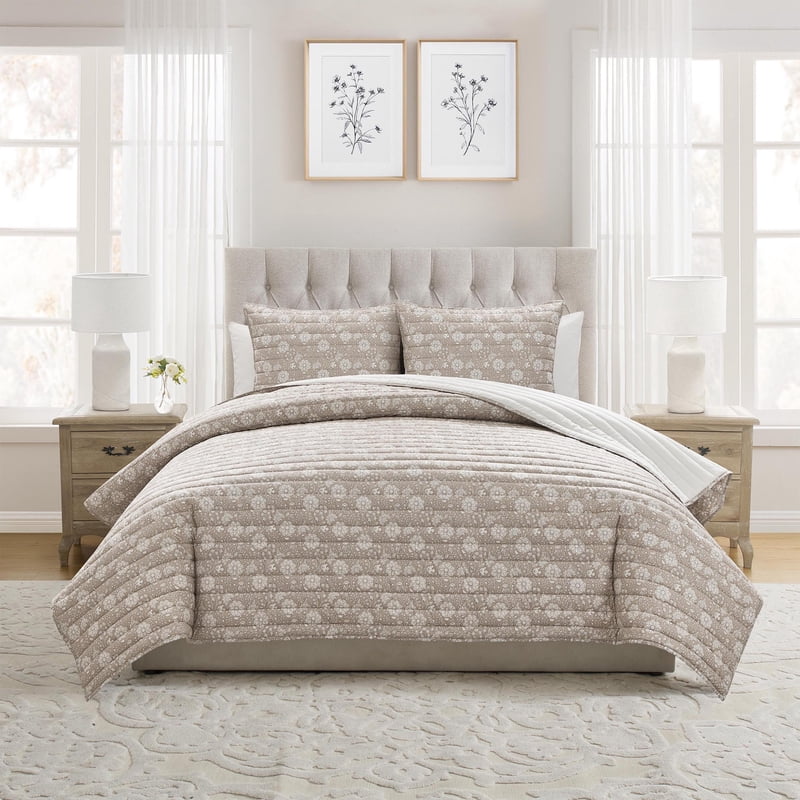 Full/Queen Floral Quilt Set with Pickstitch Stripes - Taupe 3-Piece Bedding