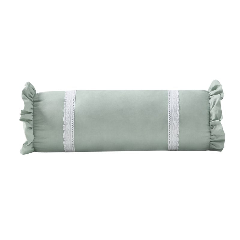 Green Ruffle Eyelet Bolster Pillow 8x22 Inches - Indoor Decorative Accent