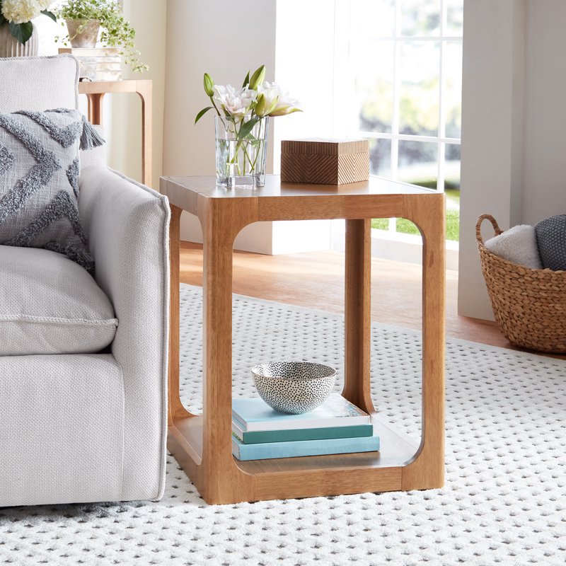 End Table with Open Shelf - Solid Wood, Warm Brown Finish