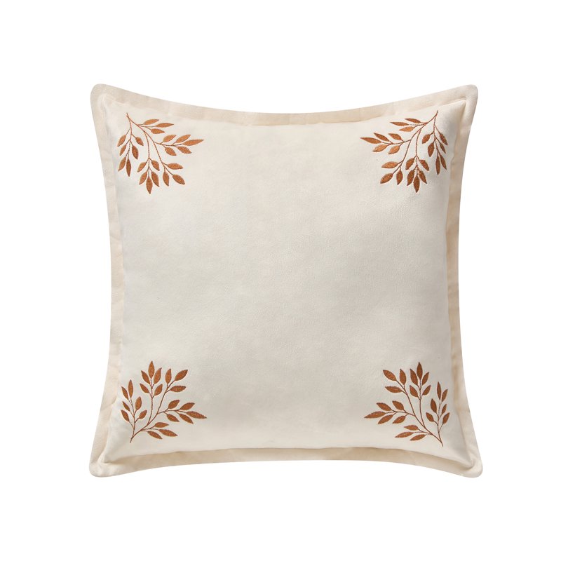 Ivory Embroidered Leaves Velvet Decorative Pillow - 18x18 Inches, Farmhouse Style