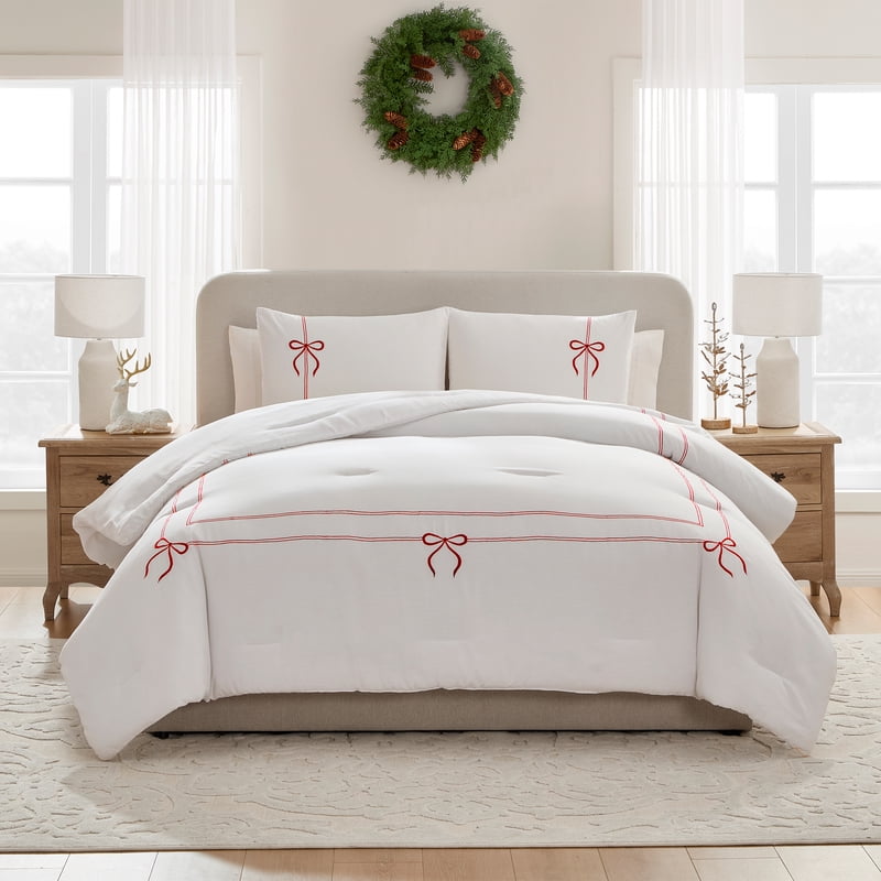 Full/Queen Comforter Set with Embroidered Border and Microfiber Reverse - Bright White